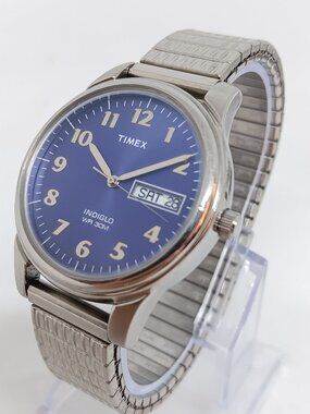 Timex Indiglo T3 Unisex 35mm Silver Tone Day Date Flex Band Watch NEW BATT